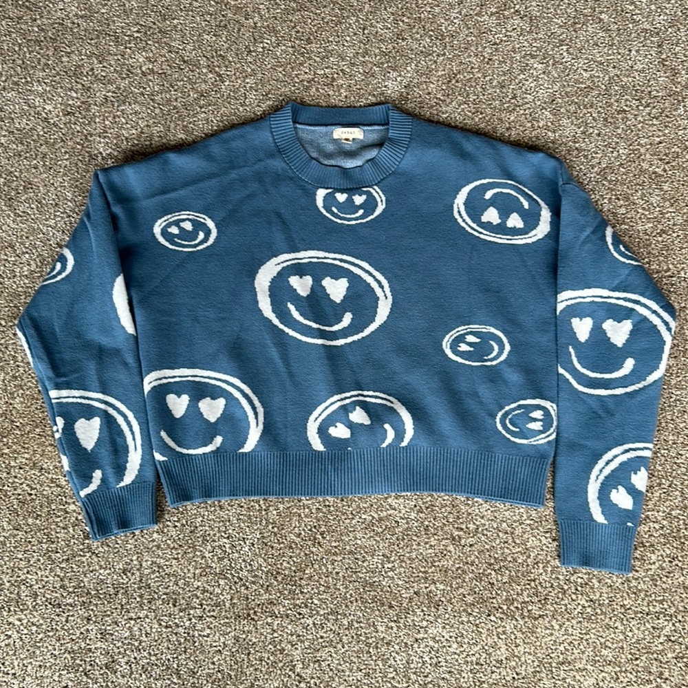 cute blue smiley face cropped sweater